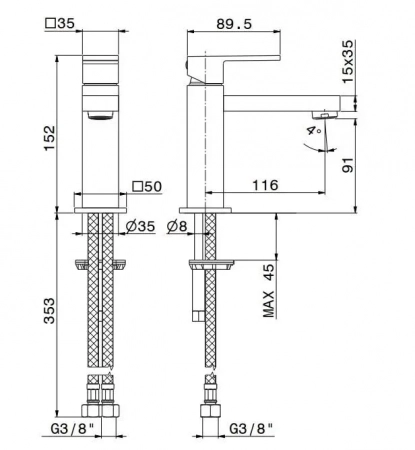 Смеситель для раковины FUTURA однорычажный без донного клапана 3/8, хром