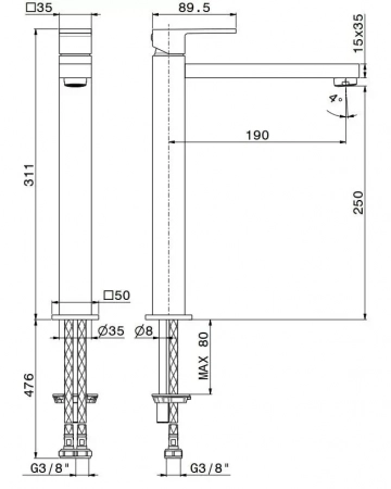Смеситель для раковины FUTURA однорычажный высокий без донного клапана 3/8, хром