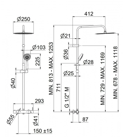 Душевая колонна NOTA на 2 потока с механическим смесителем с ручным душем на 5 режимов, хром