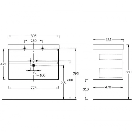 Тумба CUBO подвесная с ящиками 80, мальва матовая