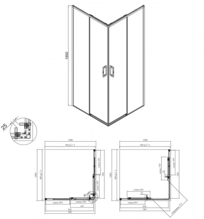 Душевой уголок LINDO раздвижной с функцией soft close, квадратный , 100х100х195, матовый черный