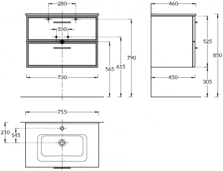 Тумба PIANO Classic подвесная 75 см, 2 ящика, ясень белый матовый