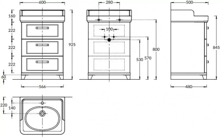Тумба POMPEI напольная с 3 ящиками 60, белая глянцевая