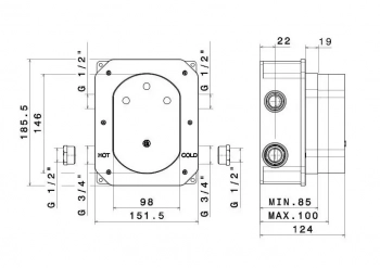 Универсальная внутренняя часть для термостатического кнопочного смесителя на два потока для душа