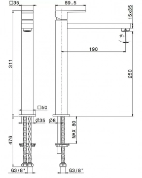 Смеситель для раковины FUTURA однорычажный высокий без донного клапана 3/8, хром