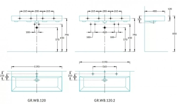 Раковина GRANDE мебельная\подвесная 120, белая глянцевая, два отверстия под смеситель